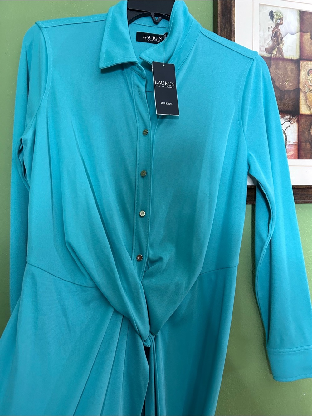 NWT Lauren Ralph Lauren Aqua Blue Tie-Front Shirtdress